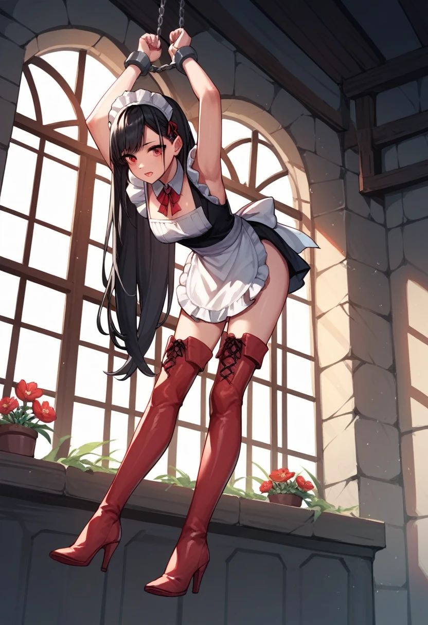 score_9, score_8_up, score_7_up, score_6_up, score_5_up, score_4_up, source_anime, 1girl, black hair, long hair, red eyes, w-w-chain, shackles, Hang up your arms, Hanging on the ceiling, clean hair, maid's outfits, thigh high boots, red boots, heels, flowers, windows, sunny, dungeon, close-up, best quality, best res, 4K UHD,