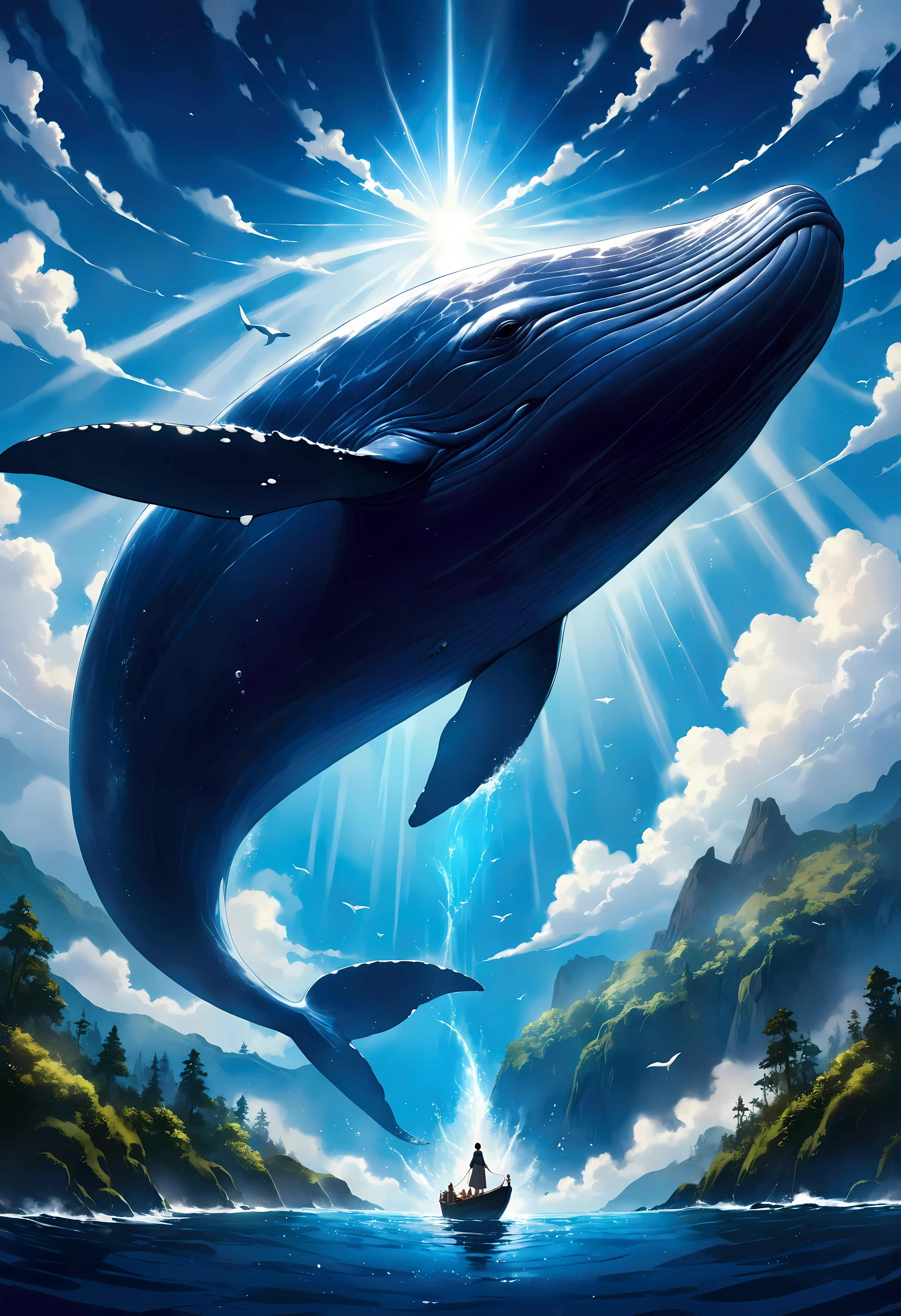 Create a breathtaking, ultra-high-definition image in 16K resolution that captures the whimsical and magical essence of a fantasy world, inspired by the art style of Studio Ghibli. |Visualize a colossal flying whale, its body gracefully gliding through the sky. The whale's skin should be a rich shade of blue with intricate patterns and markings, giving it an ancient, mystical appearance. Its eyes are large and expressive, reflecting a sense of wisdom and serenity. Small, bioluminescent creatures accompany the whale, adding to the magical atmosphere. |The scene is set in a vast, open sky filled with fluffy, painterly clouds that evoke a sense of wonder and tranquility. Below, the landscape is a lush, verdant world with rolling hills, dense forests, and sparkling rivers, reminiscent of Studio Ghibli's enchanting backgrounds. The lighting is soft and warm, with rays of sunlight filtering through the clouds, casting a golden glow on the whale and the scenery below.| Capture the whale in a dynamic pose as it soars majestically through the sky, its massive fins outstretched and its tail gracefully trailing behind. The camera angle should emphasize the whale's grandeur and the vastness of the sky, creating a sense of awe and wonder. The whale's body should have a textured, almost tactile quality, with detailed scales and patterns that highlight its fantastical nature. |The overall ambiance should integrate vibrant colors and rich details, creating a sense of depth and immersion in the fantasy world. Ensure anatomical correctness, with a focus on ultra-detailed textures and high-quality rendering, capturing every nuance of the whale's appearance and the ethereal beauty of its surroundings. This masterpiece should embody the spirit of adventure and magic, immersing viewers in its lifelike depiction. |  ((perfect_composition, perfect_design, perfect_layout, perfect_detail, ultra_detailed)), ((enhance_all, fix_everything)), More Detail, Enhance.