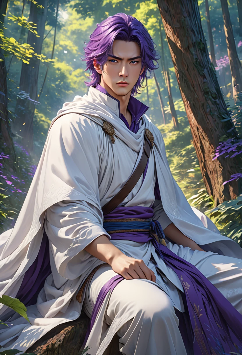 (Masterpiece, 8k, absurd, digital art, digital illustration, realistic, highly detailed, realistic lighting)、Create a highly detailed, anime-inspired illustration in Pixiv art style. The character is a beautiful man with long purple hair, wearing white clothing. He is draped in a cape with a blue lining and is holding a sword. He is sitting with one knee up and has a serious expression. The background is set in a forest, making the character stand out against the natural scenery. Emphasize the details of his clothing and the texture of his hair. 4K, masterpiece, highest quality.