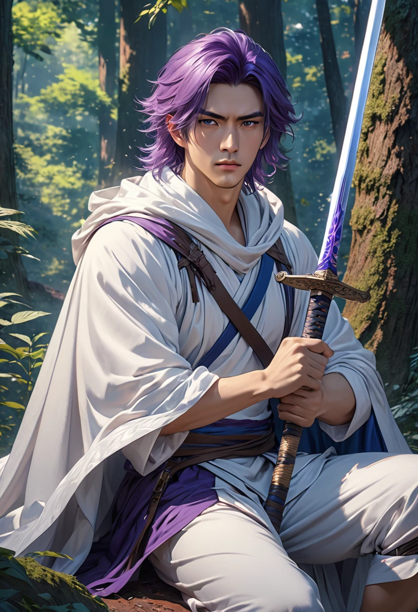 (Masterpiece, 8k, absurd, digital art, digital illustration, realistic, highly detailed, realistic lighting)､Create a highly detailed, anime-inspired illustration in Pixiv art style. The character is a beautiful man with long purple hair, wearing white clothing. He is draped in a cape with a blue lining and is holding a sword. He is sitting with one knee up and has a serious expression. The background is set in a forest, making the character stand out against the natural scenery. Emphasize the details of his clothing and the texture of his hair. 4K, masterpiece, highest quality.