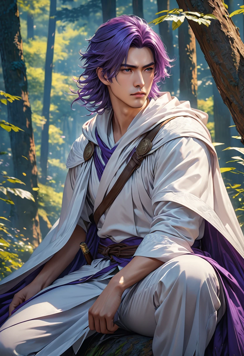 (Masterpiece, 8k, absurd, digital art, digital illustration, realistic, highly detailed, realistic lighting)､Create a highly detailed, anime-inspired illustration in Pixiv art style. The character is a beautiful man with long purple hair, wearing white clothing. He is draped in a cape with a blue lining and is holding a sword. He is sitting with one knee up and has a serious expression. The background is set in a forest, making the character stand out against the natural scenery. Emphasize the details of his clothing and the texture of his hair. 4K, masterpiece, highest quality.