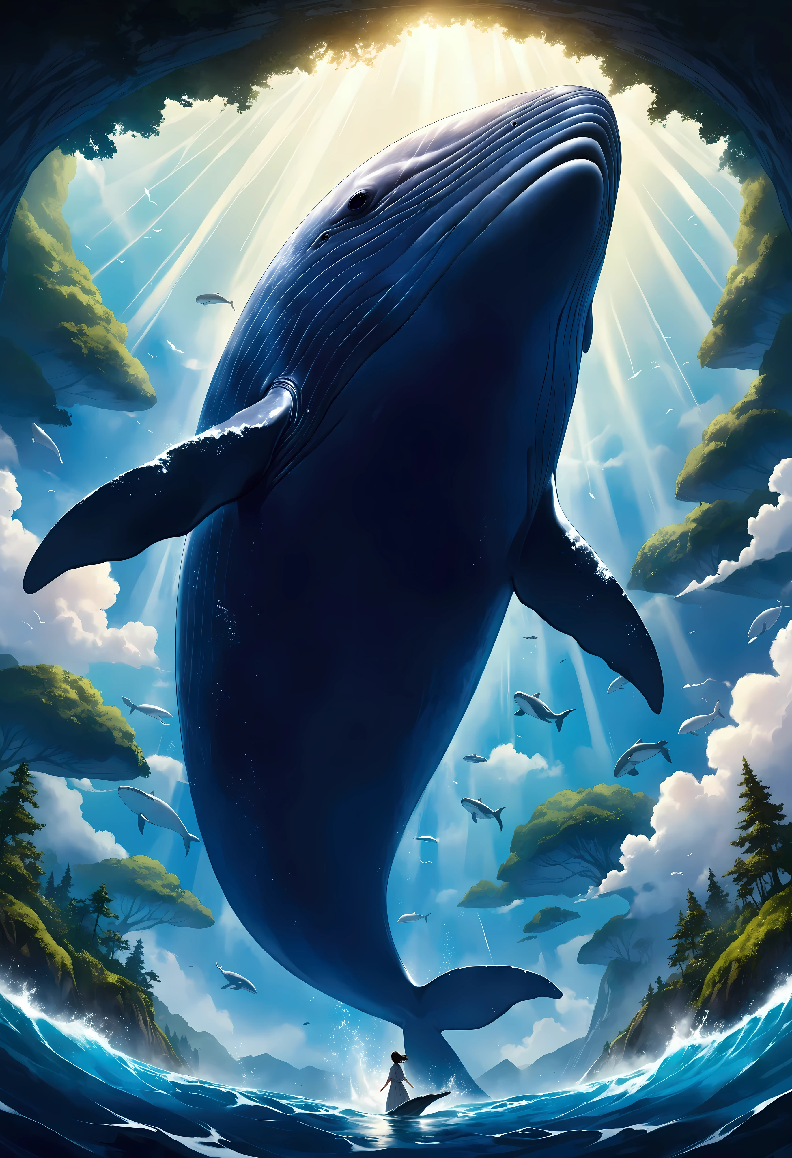 Create a breathtaking, ultra-high-definition image in 16K resolution that captures the whimsical and magical essence of a fantasy world, inspired by the art style of Studio Ghibli. |Visualize a colossal flying whale, its body gracefully gliding through the sky. The whale's skin should be a rich shade of blue with intricate patterns and markings, giving it an ancient, mystical appearance. Its eyes are large and expressive, reflecting a sense of wisdom and serenity. Small, bioluminescent creatures accompany the whale, adding to the magical atmosphere. |The scene is set in a vast, open sky filled with fluffy, painterly clouds that evoke a sense of wonder and tranquility. Below, the landscape is a lush, verdant world with rolling hills, dense forests, and sparkling rivers, reminiscent of Studio Ghibli's enchanting backgrounds. The lighting is soft and warm, with rays of sunlight filtering through the clouds, casting a golden glow on the whale and the scenery below.| Capture the whale in a dynamic pose as it soars majestically through the sky, its massive fins outstretched and its tail gracefully trailing behind. The camera angle should emphasize the whale's grandeur and the vastness of the sky, creating a sense of awe and wonder. The whale's body should have a textured, almost tactile quality, with detailed scales and patterns that highlight its fantastical nature. |The overall ambiance should integrate vibrant colors and rich details, creating a sense of depth and immersion in the fantasy world. Ensure anatomical correctness, with a focus on ultra-detailed textures and high-quality rendering, capturing every nuance of the whale's appearance and the ethereal beauty of its surroundings. This masterpiece should embody the spirit of adventure and magic, immersing viewers in its lifelike depiction. |  ((perfect_composition, perfect_design, perfect_layout, perfect_detail, ultra_detailed)), ((enhance_all, fix_everything)), More Detail, Enhance.