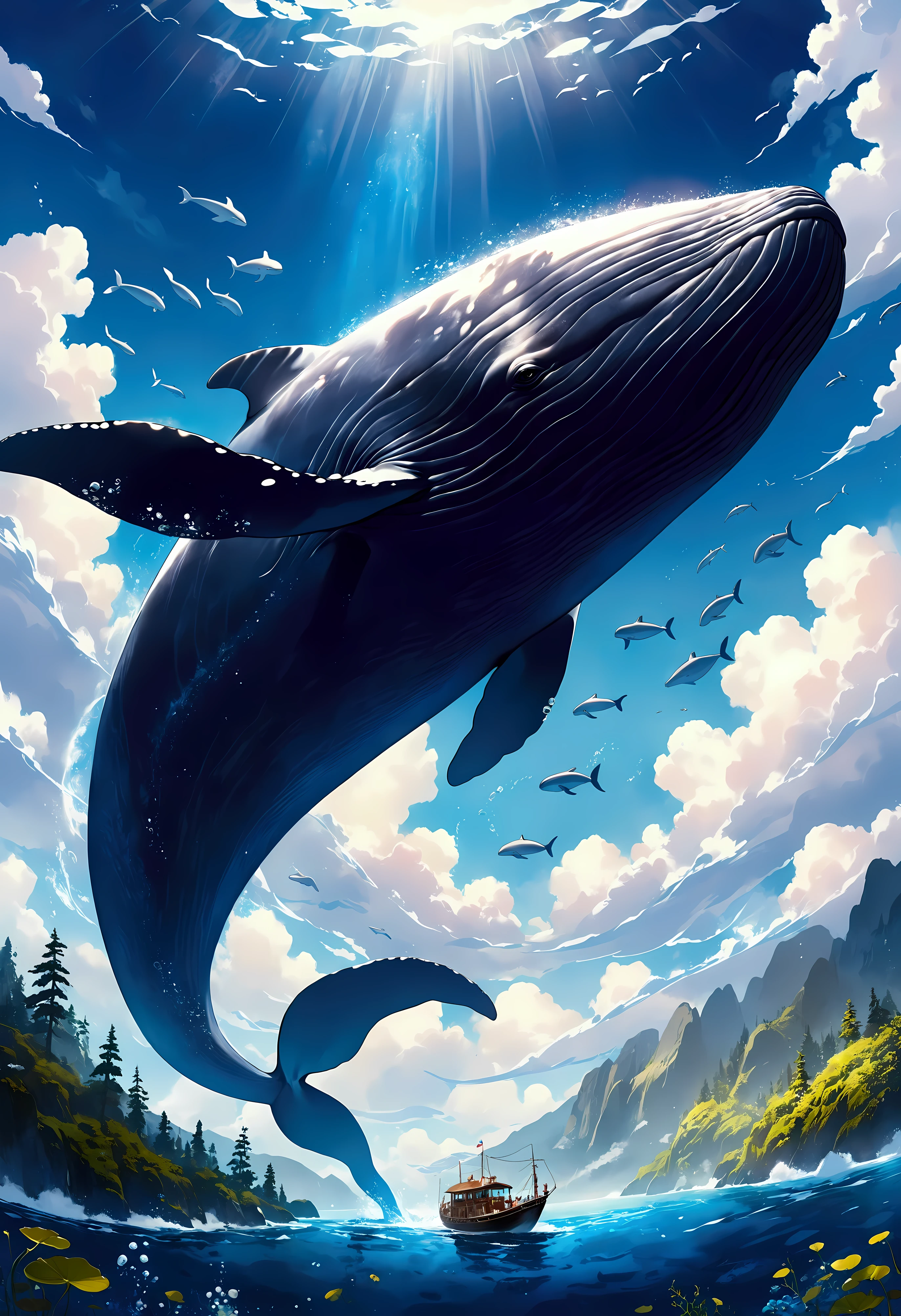 Create a breathtaking, ultra-high-definition image in 16K resolution that captures the whimsical and magical essence of a fantasy world, inspired by the art style of Studio Ghibli. |Visualize a colossal flying whale, its body gracefully gliding through the sky. The whale's skin should be a rich shade of blue with intricate patterns and markings, giving it an ancient, mystical appearance. Its eyes are large and expressive, reflecting a sense of wisdom and serenity. Small, bioluminescent creatures accompany the whale, adding to the magical atmosphere. |The scene is set in a vast, open sky filled with fluffy, painterly clouds that evoke a sense of wonder and tranquility. Below, the landscape is a lush, verdant world with rolling hills, dense forests, and sparkling rivers, reminiscent of Studio Ghibli's enchanting backgrounds. The lighting is soft and warm, with rays of sunlight filtering through the clouds, casting a golden glow on the whale and the scenery below.| Capture the whale in a dynamic pose as it soars majestically through the sky, its massive fins outstretched and its tail gracefully trailing behind. The camera angle should emphasize the whale's grandeur and the vastness of the sky, creating a sense of awe and wonder. The whale's body should have a textured, almost tactile quality, with detailed scales and patterns that highlight its fantastical nature. |The overall ambiance should integrate vibrant colors and rich details, creating a sense of depth and immersion in the fantasy world. Ensure anatomical correctness, with a focus on ultra-detailed textures and high-quality rendering, capturing every nuance of the whale's appearance and the ethereal beauty of its surroundings. This masterpiece should embody the spirit of adventure and magic, immersing viewers in its lifelike depiction. |  ((perfect_composition, perfect_design, perfect_layout, perfect_detail, ultra_detailed)), ((enhance_all, fix_everything)), More Detail, Enhance.