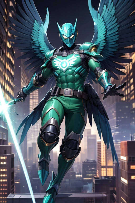 ((best quality)), ((masterpiece)), (detailed), 1 man, full body, 25 years old, masked, blue mask, blue head, uncovered mouth, biker helmet, blue helmet, parrot helmet, black neck, tall, thin, black beak, black details, a green parrot with a blue head on his side, metallic wings, wings on his arms, blue fingerless gloves, blue wristbands, luminous blue wings shooting lasers, blue suit resembling light armor, blue suit with an emblem, entirely green chest, emblem on his chest, green pants, deployable bird tail, metallic feathers, gray knee pads, metallic gray boots, metallic bird claws, black superhero belt, flying through the city, midday city background, anime