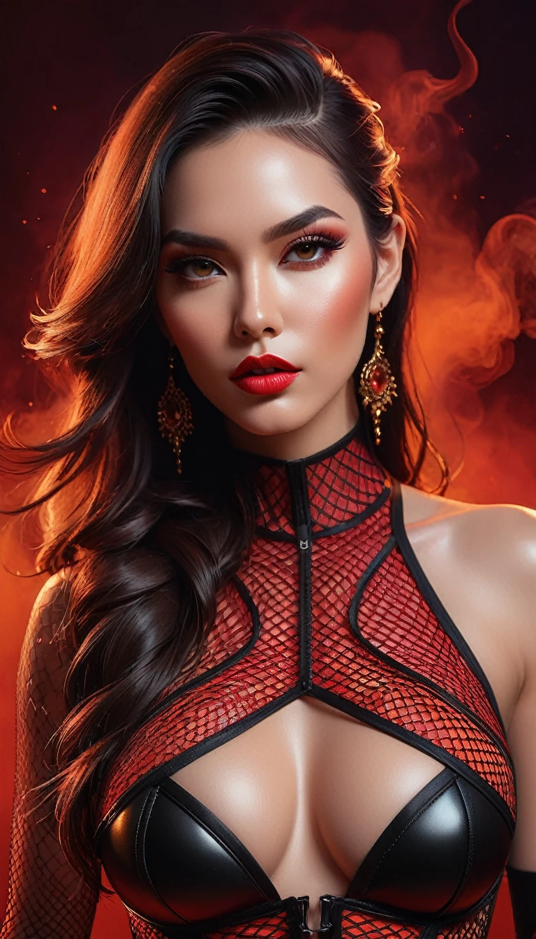 studio photography of a stunning alluring goddess in a red and black outfit beautiful with random moll , slim fit body, abs, brunette hair with orange glow, vivid colors, dark red smoke backdrop, free and bold personality photorealism, (color accents), hyper realistic concept art, insanely detailed, intricate, captured in a cinematic style reminiscent of an epic Dwight Hooker still, 16k rendering, by WLOP, inspired , Artgerm, global lighting,, detail aesthetic, unforgettable, impressive, breathtaking beauty, fishnet