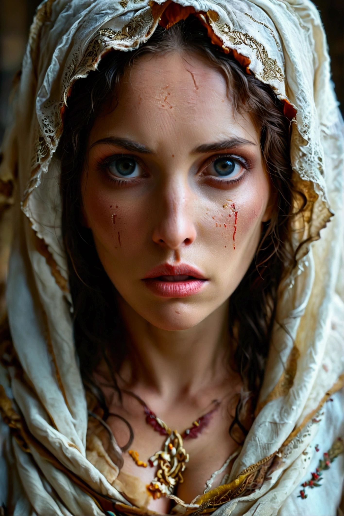   Possession Mary Magdalene create an image of a woman from the times of women in the Bible a beautiful woman is afflicted by the seven demons before meeting Jesus.  She is emotionally.  realistic, cinematic, sad, her (massive breasts:1.4) and (deep cleavage:1.2)
