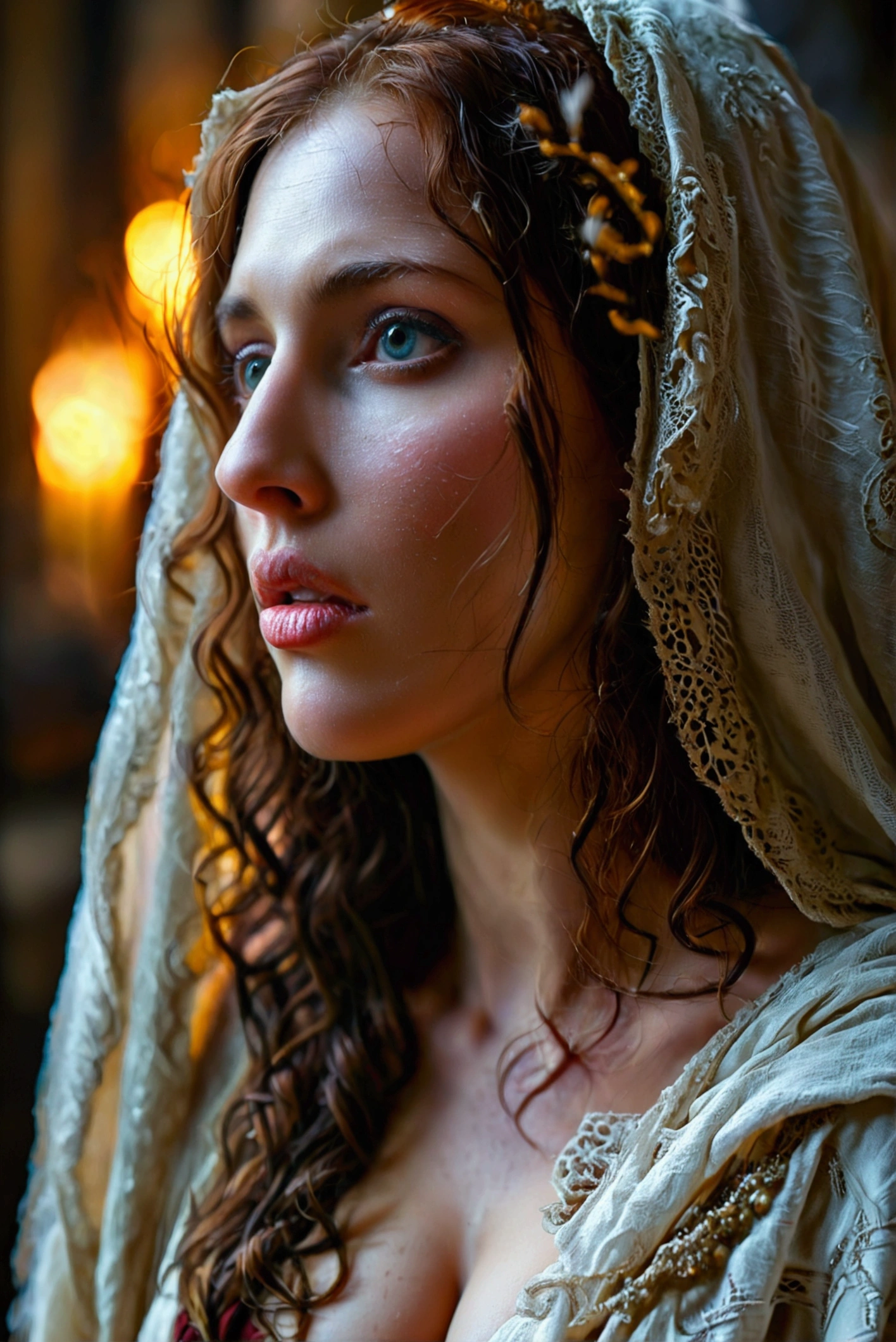   Possession Mary Magdalene create an image of a woman from the times of women in the Bible a beautiful woman is afflicted by the seven demons before meeting Jesus.  She is emotionally.  realistic, cinematic, sad, her (massive breasts:1.4) and (deep cleavage:1.2)
