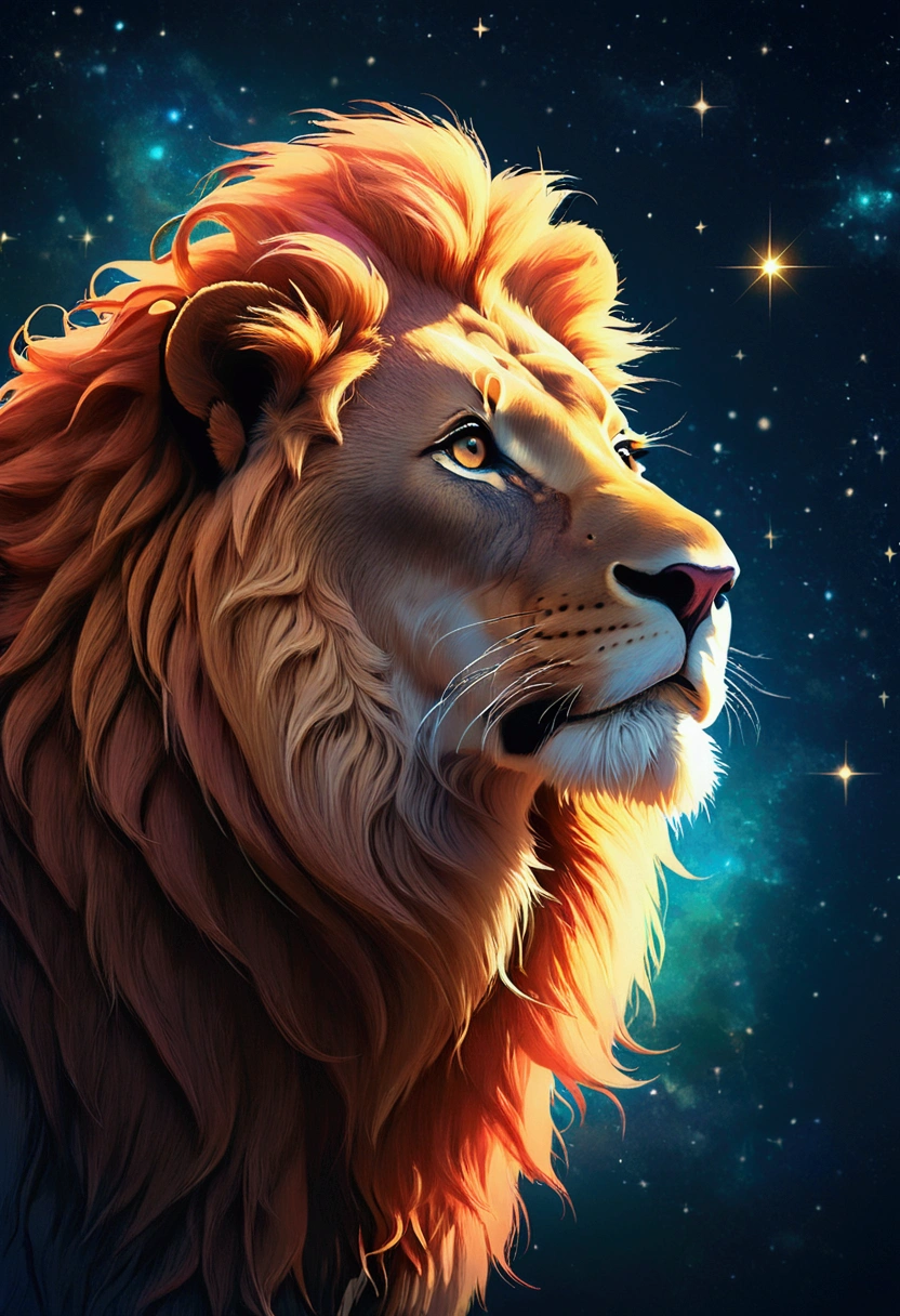 a lion silhouette (stylized) composed by bright stars. Cosmic background