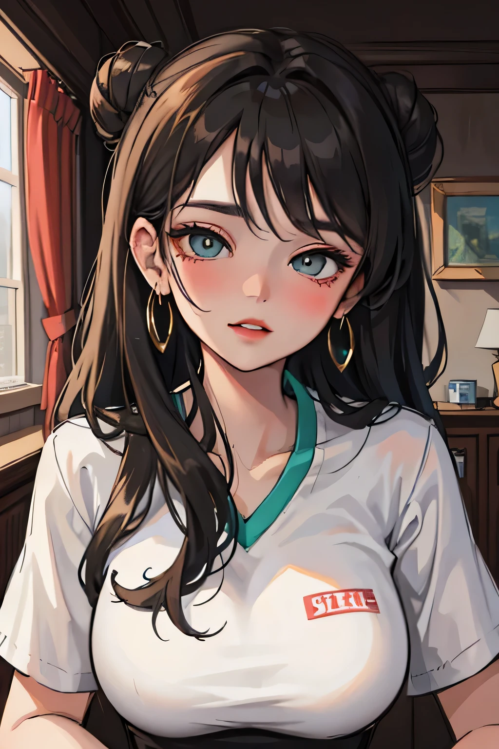 Amazing portrait of a sexy and  woman with a beautiful face with seductive eyes gazing intensely at me with her soft lips parted in anticipation of a kiss which is making her blush intensely her lips are also curved in a soft smile she has her luscious black hair in a cute bun wearing a black and white striped t shirt and a dark green skirt paired with some elegant earrings her t shirt showing her medium chest and perfect body off 