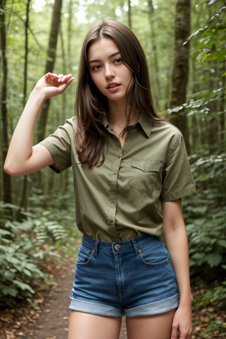 (bestquality,realistic:1.2),(brunette hair:1.1),(French:1.1),(sexy:1.1),(slim figure:1.1),(18 years old:1.1),(handcuffed:1.1),(short sleeve shirt:1.1),(rolled-up sleeves:1.1),(hands up:1.1),(visible legs:1.1),(open mouth:1.1),illustration,forest,detailed eyes,detailed lips,high definition,professional lighting,vivid color