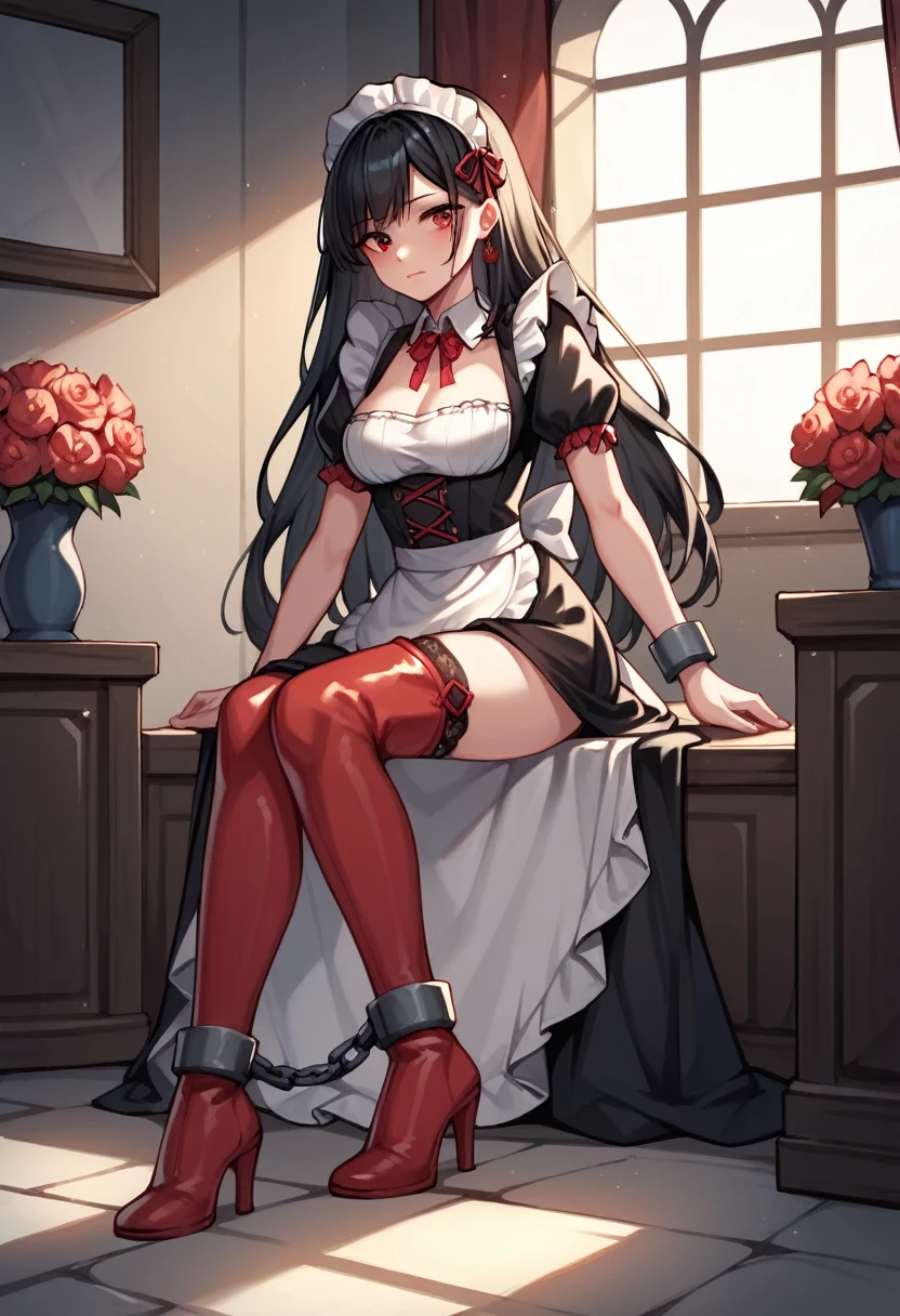 score_9, score_8_up, score_7_up, score_6_up, score_5_up, score_4_up, source_anime, 1girl, sit, black hair, long hair, red eyes, w-w-chain, shackles, clean hair, maid's outfits, thigh high boots, red boots, heels, flowers, windows, sunny, dungeon, close-up, best quality, best res, 4K UHD,
 