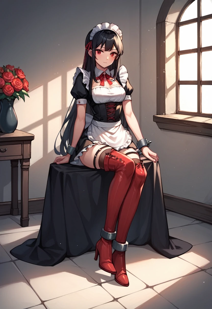 score_9, score_8_up, score_7_up, score_6_up, score_5_up, score_4_up, source_anime, 1girl, sit, black hair, long hair, red eyes, w-w-chain, shackles, clean hair, maid's outfits, thigh high boots, red boots, heels, flowers, windows, sunny, dungeon, close-up, best quality, best res, 4K UHD,