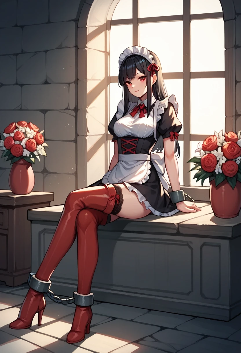 score_9, score_8_up, score_7_up, score_6_up, score_5_up, score_4_up, source_anime, 1girl, sit, black hair, long hair, red eyes, w-w-chain, shackles, clean hair, maid's outfits, thigh high boots, red boots, heels, flowers, windows, sunny, dungeon, close-up, best quality, best res, 4K UHD,