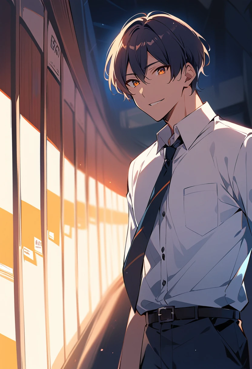 (score_9,score_8_up,score_7_up,score_6_up,score_5_up,score_4_up, source_anime), 8k, best quality, best lighting, BREAK, 1man, 27 yo, toned, male face, male eyes, male focus, navy hair, orange eyes, (smile: 0.7), dress shirt, necktie, wide shot, very short hair