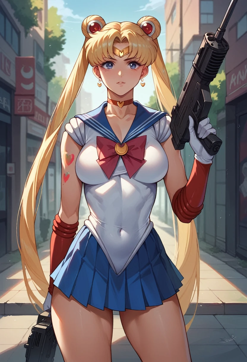 Tsukino Usagi, sailor moon,  body full of tattoos, and holding a machine gun, sexy clothes, sensual, Background, urban architecture, depth