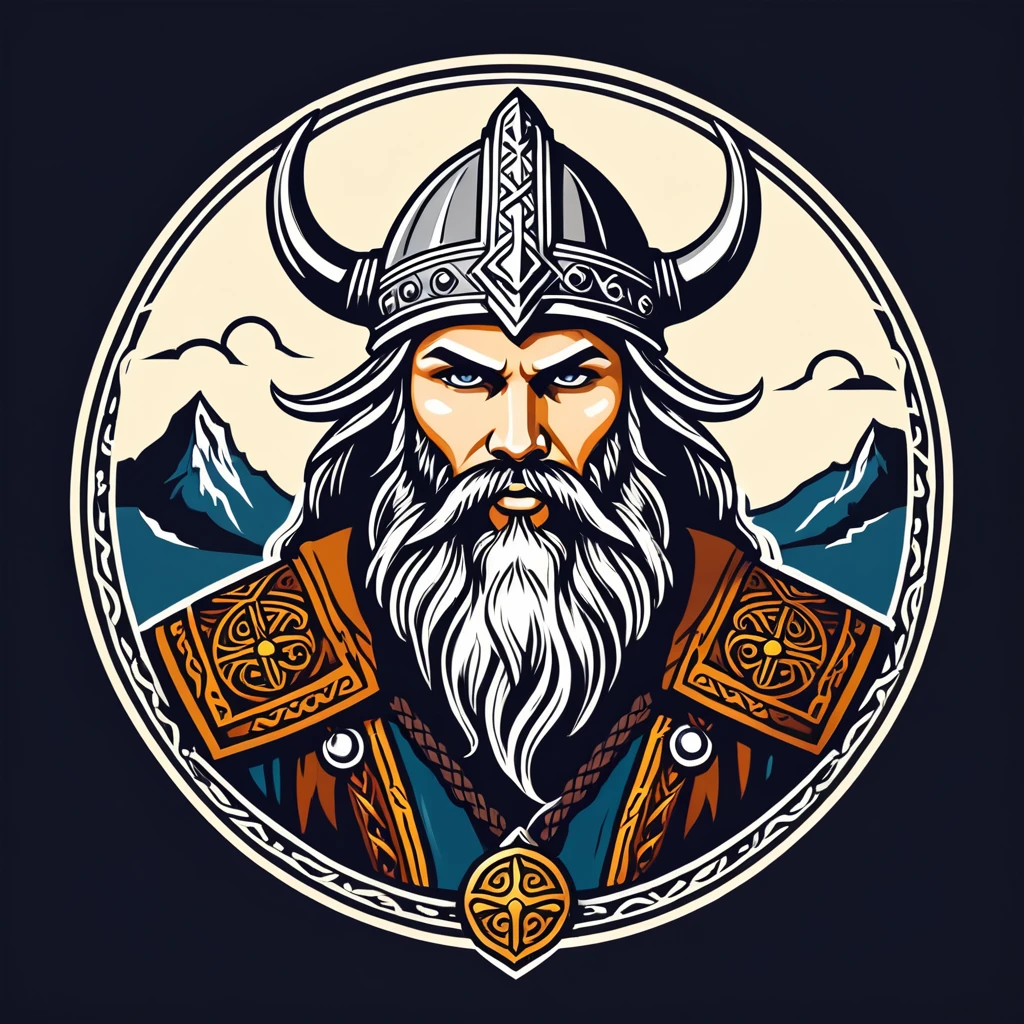 wizard in viking folk outfit, vector graphics, strong contours, logo design
