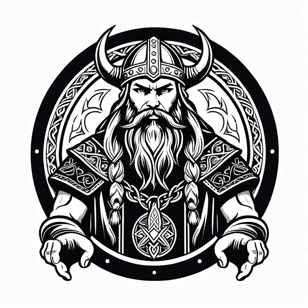 wizard in viking folk outfit, vector graphics, strong contours, logo design