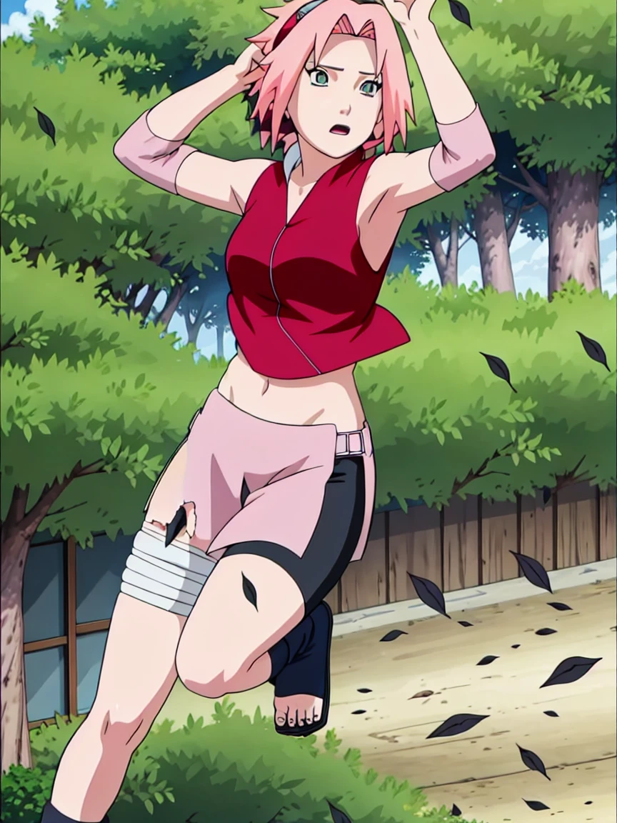 Sakura Haruno nude,wide hips,abdomen,sexy ,Show your armpits,jump,On the tree,NSTDA.(( naked,Torn shirt,full body,sleep, In the forest,open shirt,nipple)), ((blushing, sexually aroused ,fight, touch))