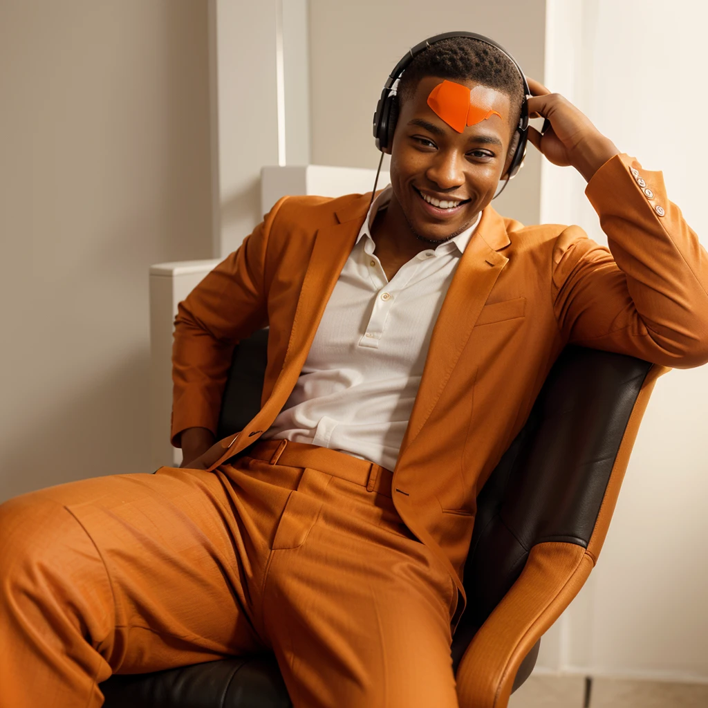 "A detailed front view image of a full body of a young Black man smiling, wearing headphones, dressed in an orange suit, sitting relaxed in a chair with his hands behind his head, high-resolution and photorealistic, against a 100% white background."