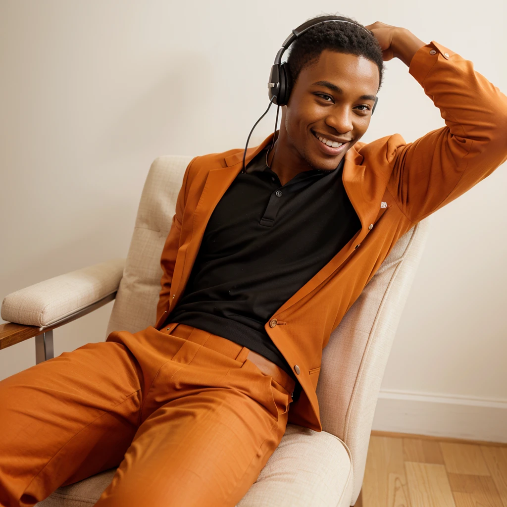 "A detailed front view image of a full body of a young Black man smiling, wearing headphones, dressed in an orange suit, sitting relaxed in a chair with his hands behind his head, high-resolution and photorealistic, against a 100% white background."