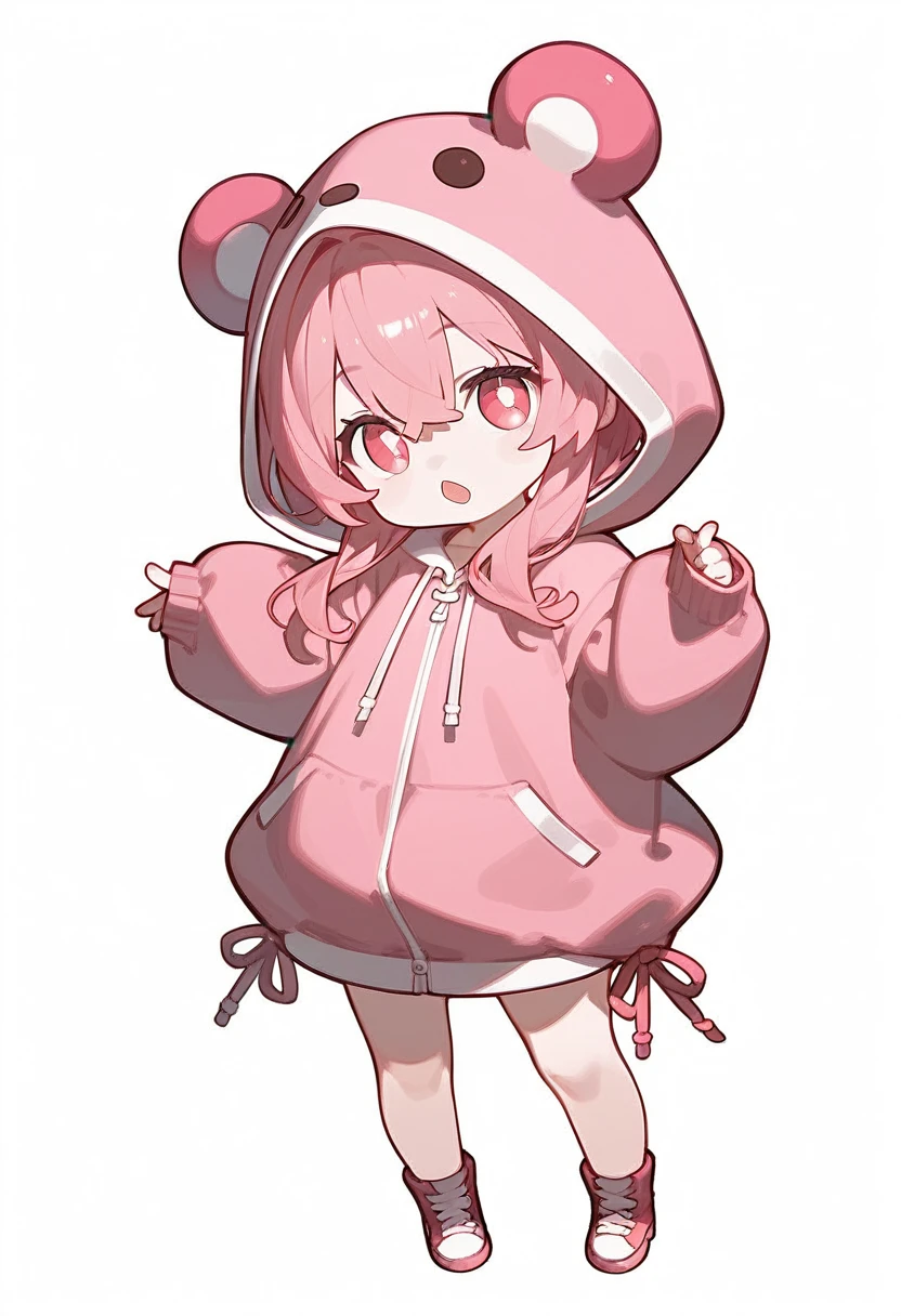 score_9,score_8_superior,score_7_superior,One girl,Pink Hair,alone,hood chibi,bangs,Point here,standing,full body,posing,Open your mouth,In-person audience,hoodie,Wearing a hood,Long sleeve,Hair between the eyes,Sleeves are longer than your fingers,white background,