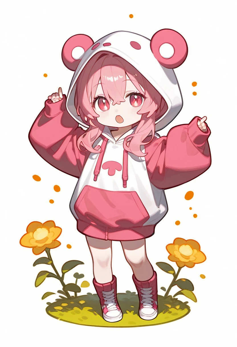 score_9,score_8_superior,score_7_superior,One girl,Pink Hair,alone,hood chibi,bangs,Point here,standing,full body,posing,Open your mouth,In-person audience,hoodie,Wearing a hood,Long sleeve,Hair between the eyes,Sleeves are longer than your fingers,white background,