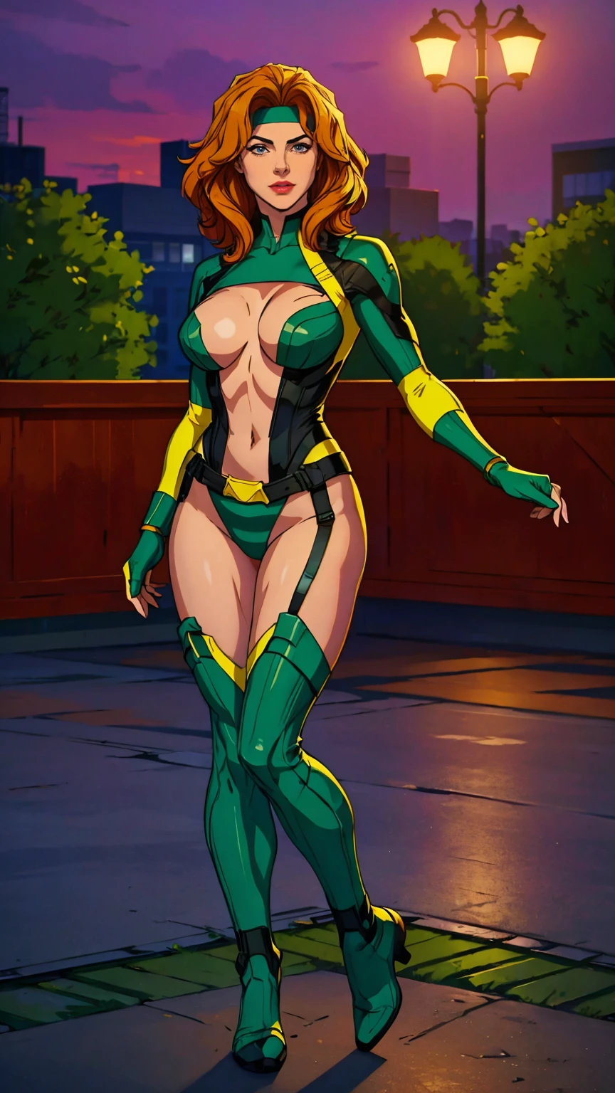 ((Full body photo, standing, feet on the floor)) (best quality,4k,8k,highres,masterpiece:1.2),ultra-detailed,(realistic,photorealistic,photo-realistic:1.37),full body shot,Rogue,X-Men,yellow thigh high boots,beauty pose, standing tall, show feet, outside, city rooftop at night, green headband