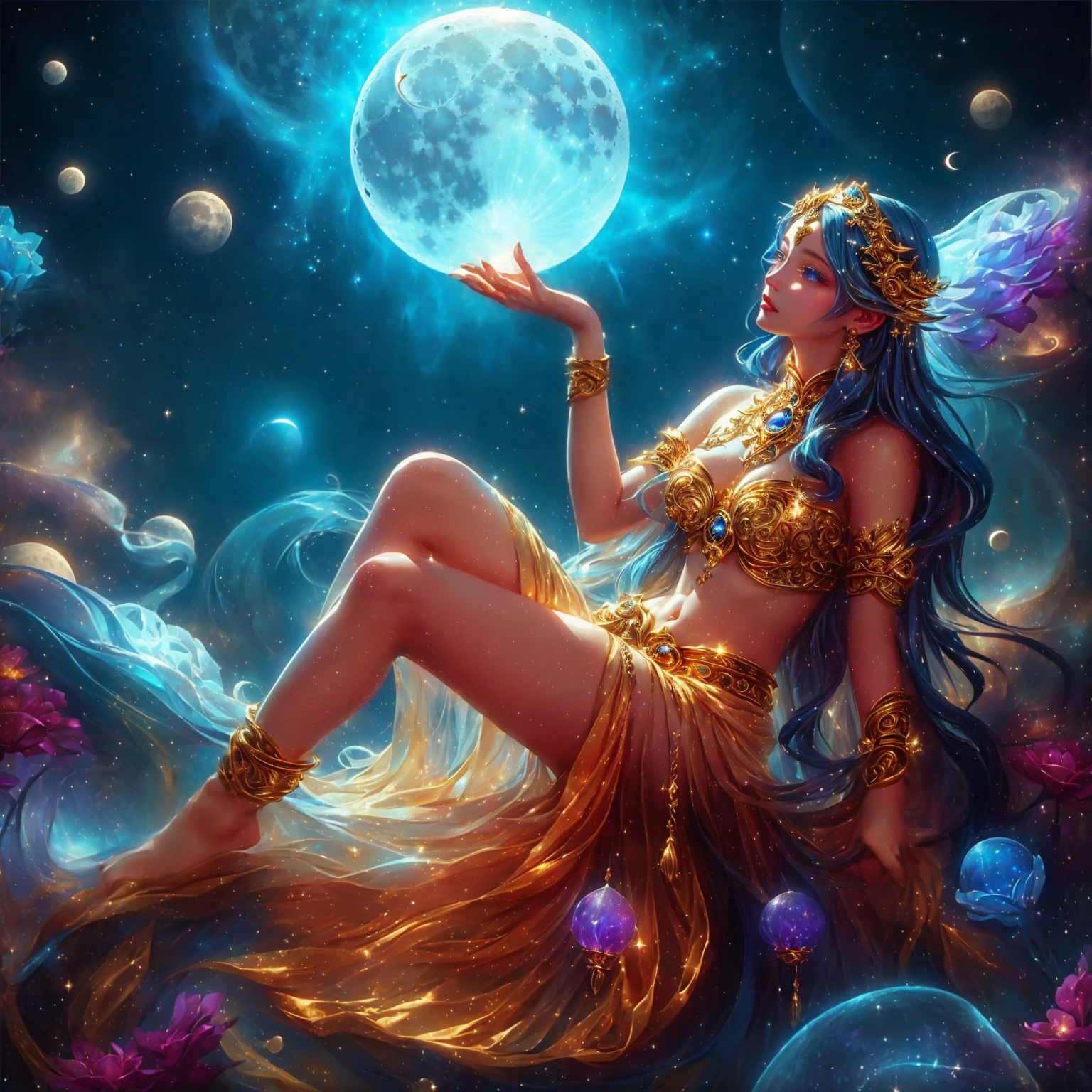 woman , sea blue eyes  , pink mouth ,Dressed in gold, standing in front of a crescent moon., goddess of heaven, goddess of the moon, anime goddess, beautiful heavenly mage, lunar goddess, Moon Goddess, Golden Lotus Princess, Goddess of the Galaxy, Beautiful Fantasy Empress, ((Beautiful Fantasy Empress)), Goddess and Moon, As the sun goddess,, Goddess of space and time , jellyfish , Fine gold jewelry , thin yellow cloth