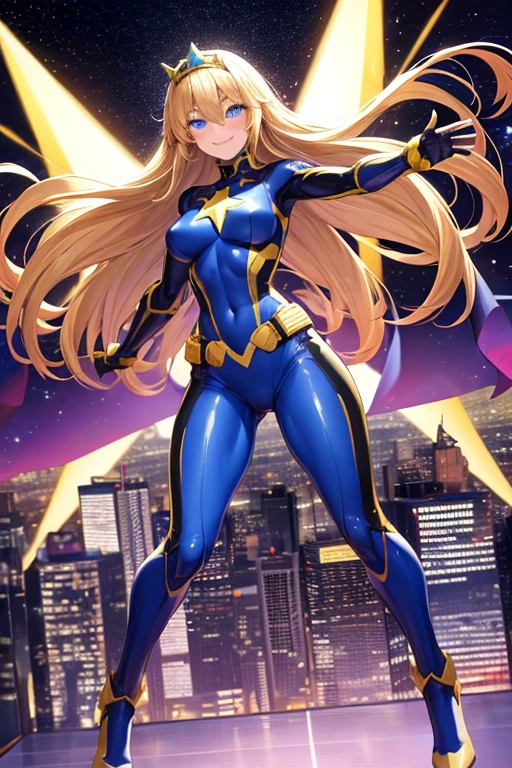 1 girl, full body, 19 years old, smiling face, masked face, blushing, blonde hair, straight hair, long hair, bangs, full body, superhero mask, yellow mask, hands with stars, blue bracelets, purple gloves, superhero costume, superheroes, full body suit, yellow, with a large yellow star in the center, star emblem, something tight, star-shaped tiara, blue eyes, medium breasts, slim body, outstretched arms, arms behind the waist, flying, city background, anime