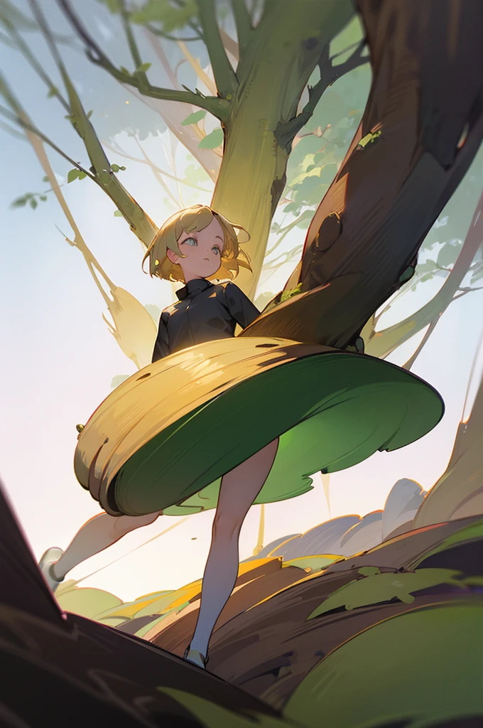 Blonde haired girl with short hair in the forest levitating full body from front with powers