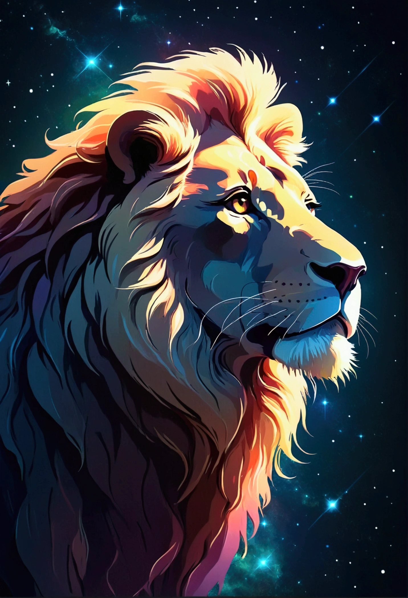 a lion silhouette (stylized) composed by bright stars. Cosmic background