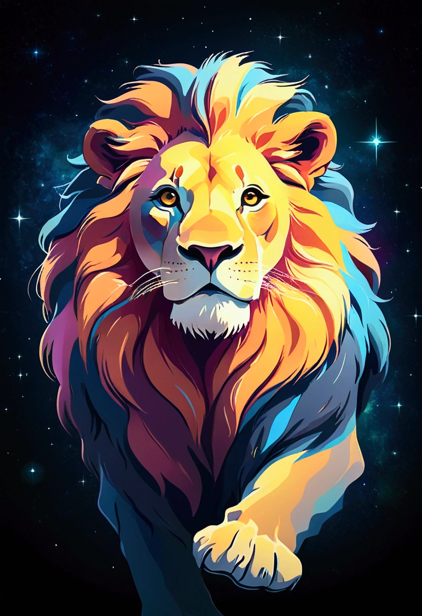 a lion silhouette (stylized) composed by bright stars. Cosmic background