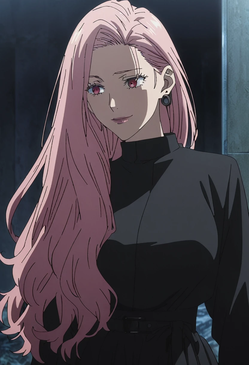 1girl, female gojo satoru, anime screencap from jujutsu kaisen, gojo satoru female version, solo, long_hair, ((Red eyes)) ((Pink_hair, hair over ear from one side))((slicked hair)) , night view, (hanging breasts) upper_body, smile, indoors, lips, (long hair) ((wearing black colour outfit, glossy)) breast, "very detailed and high resolution" (Red eyes) ((solo)) (((front view))) (earings) ((high resolution)) ((good quality)) ((silky hair, hair over ear from one side))((hair slicked)) ((shy)) ((full body))