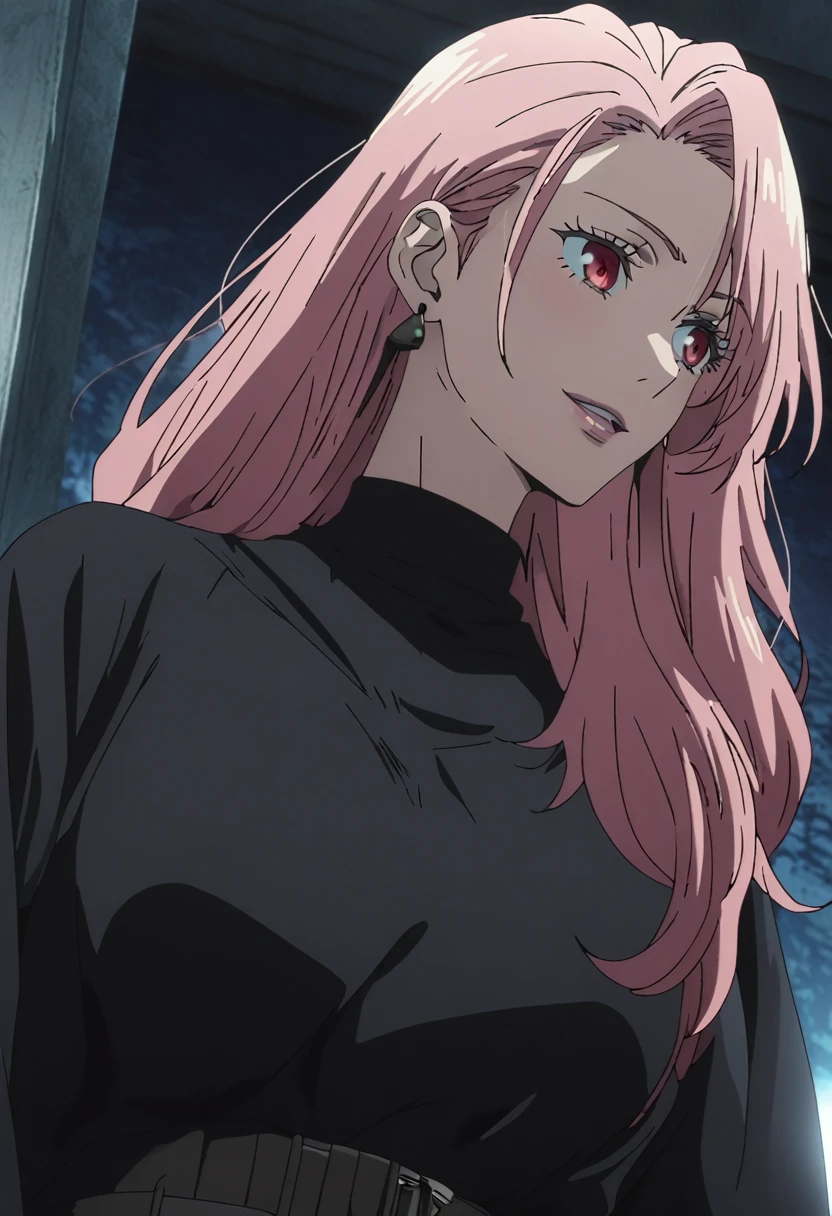 1girl, female gojo satoru, anime screencap from jujutsu kaisen, gojo satoru female version, solo, long_hair, ((Red eyes)) ((Pink_hair, hair over ear from one side))((slicked hair)) , night view, (hanging breasts) upper_body, smile, indoors, lips, (long hair) ((wearing black colour outfit, glossy)) breast, "very detailed and high resolution" (Red eyes) ((solo)) (((front view))) (earings) ((high resolution)) ((good quality)) ((silky hair, hair over ear from one side))((hair slicked)) ((shy)) ((full body))