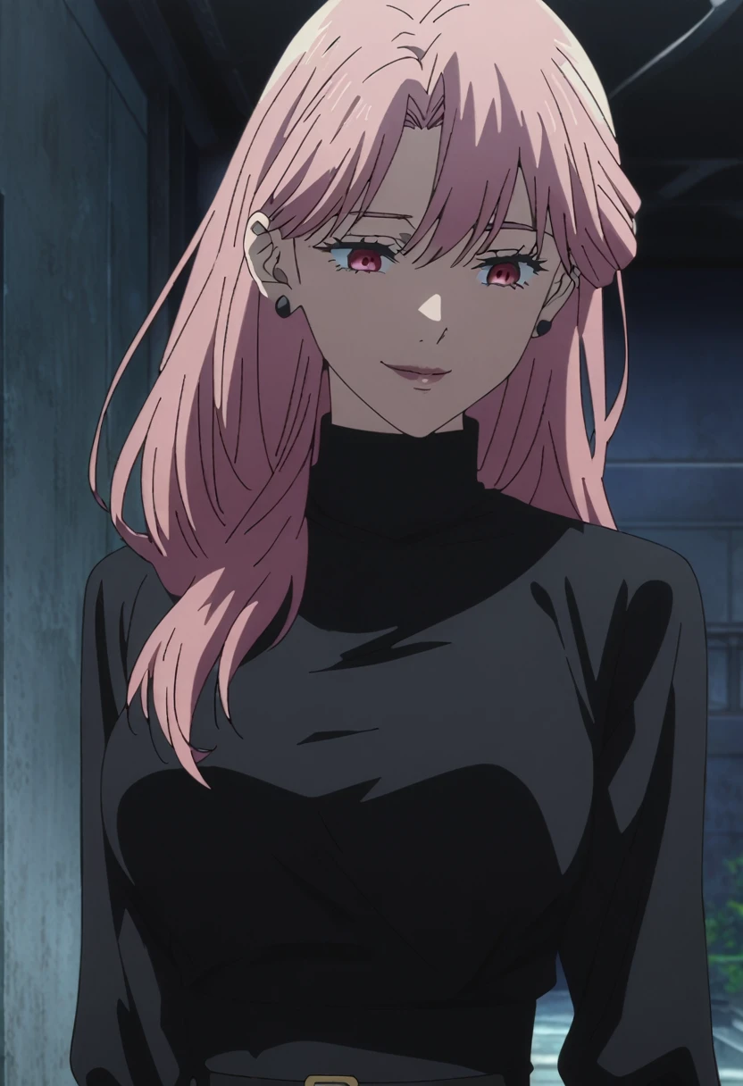 1girl, female gojo satoru, anime screencap from jujutsu kaisen, gojo satoru female version, solo, long_hair, ((Red eyes)) ((Pink_hair, hair over ear from one side))((slicked hair)) , night view, (hanging breasts) upper_body, smile, indoors, lips, (long hair) ((wearing black colour outfit, glossy)) breast, "very detailed and high resolution" (Red eyes) ((solo)) (((front view))) (earings) ((high resolution)) ((good quality)) ((silky hair, hair over ear from one side))((hair slicked)) ((shy)) ((full body))
