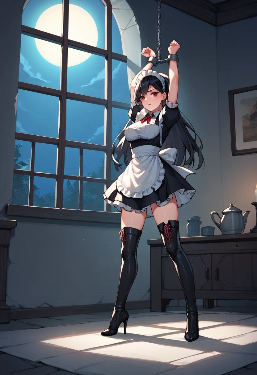 score_9, score_8_up, score_7_up, score_6_up, score_5_up, score_4_up, source_anime, 1girl, black hair, red eyes, w-w-chain, shackles, Hang a girl up, raise arms, On the ceiling, long hair, maid's outfit, black thigh high boots, heels, night, windows, dungeon, best quality, best res, 4K UHD,
 