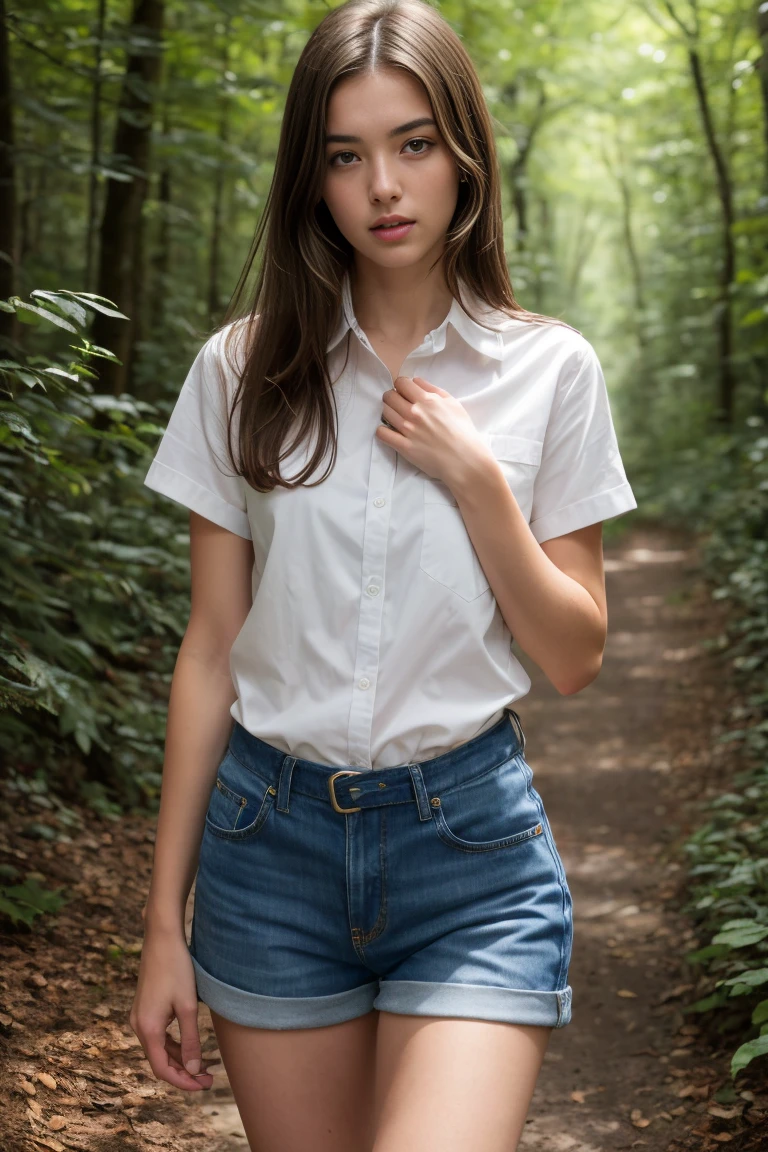 (bestquality,realistic:1.2),(brunette hair:1.1),(French:1.1),(sexy:1.1),(slim figure:1.1),(18 years old:1.1),(handcuffed:1.1),(short sleeve shirt:1.1),(rolled-up sleeves:1.1),(hands up:1.1),(visible legs:1.1),(open mouth:1.1),illustration,forest,detailed eyes,detailed lips,high definition,professional lighting,vivid color