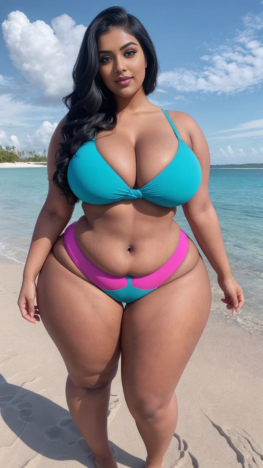 swastika mukharjee Indian beautiful woman curvy plus size hour glass bulky huge figure woman, closeup camera view, big huge m-cup breast, wearing Twist Front Push Up High Waisted Bikini Color: Hot Pink , covered Bust , elegant standing position, eye contact view, different style hairstyle, bright eyes, thin eyebrows, fair skin, blushing cheeks, prefect head to toe view, full body, ideal for high-fashion or editorial shoots, ultra realistic skin texture, head to toe view, full body shot, full body view, smile face, black hair, Indian face, perfect skin tone light, ultra realistic skin texture, bigger waist, busty, big hips, fleshy thighs, thick thighs, busty, full body view, Tropical Beach: White sand, palm trees, and clear blue water.