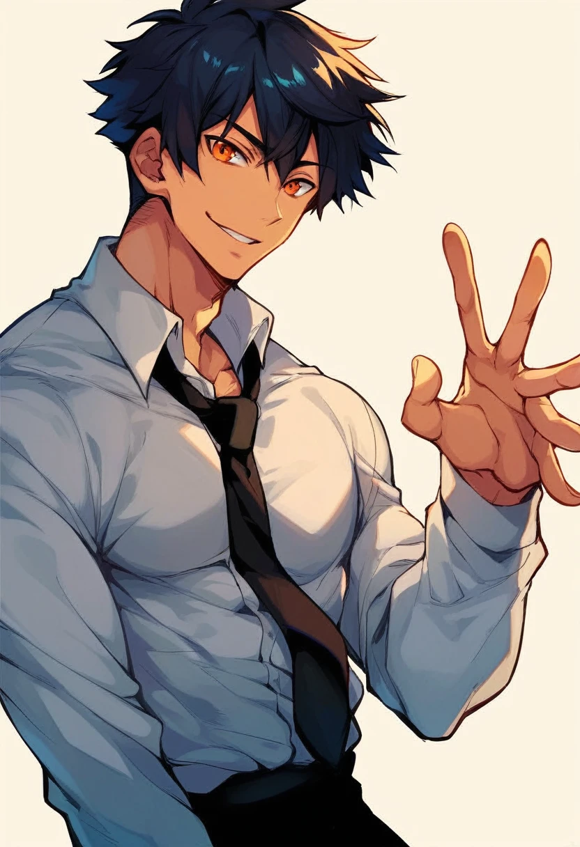 (score_9,score_8_up,score_7_up,score_6_up,score_5_up,score_4_up, source_anime), 8k, best quality, best lighting, BREAK, 1man, 27 yo, toned, male face, male eyes, male focus, navy hair, orange eyes, (smile: 0.7), dress shirt, necktie, wide shot, very short hair
