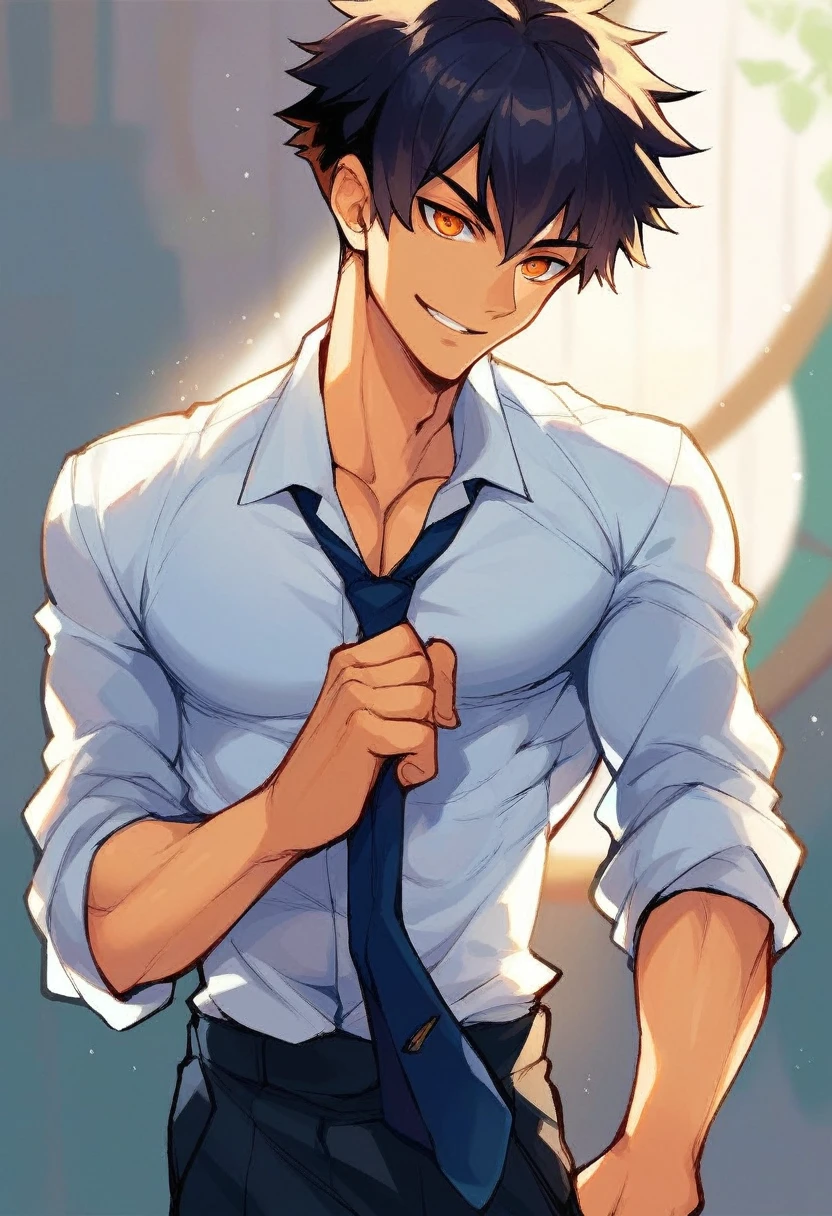 (score_9,score_8_up,score_7_up,score_6_up,score_5_up,score_4_up, source_anime), 8k, best quality, best lighting, BREAK, 1man, 27 yo, toned, male face, male eyes, male focus, navy hair, orange eyes, (smile: 0.7), dress shirt, necktie, wide shot, very short hair