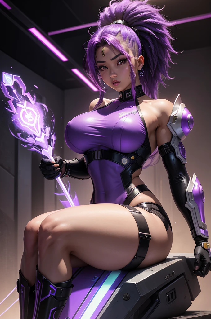 A beautiful, exuberant and very young cybernetic android warrior with black African and oriental Japanese and Chinese features, mixed with the clone of the Greek warrior goddess Athena, with super mega giant breasts, purple eyes, transformed into a super sensual and extremely muscular astronaut, fitness, fit bodybuilder and weightlifter, wearing very short, super radical punk style hair that is purple and very straight in locks, wearing cyberpunk battle clothes, sitting on a huge luminous and shining diamond throne