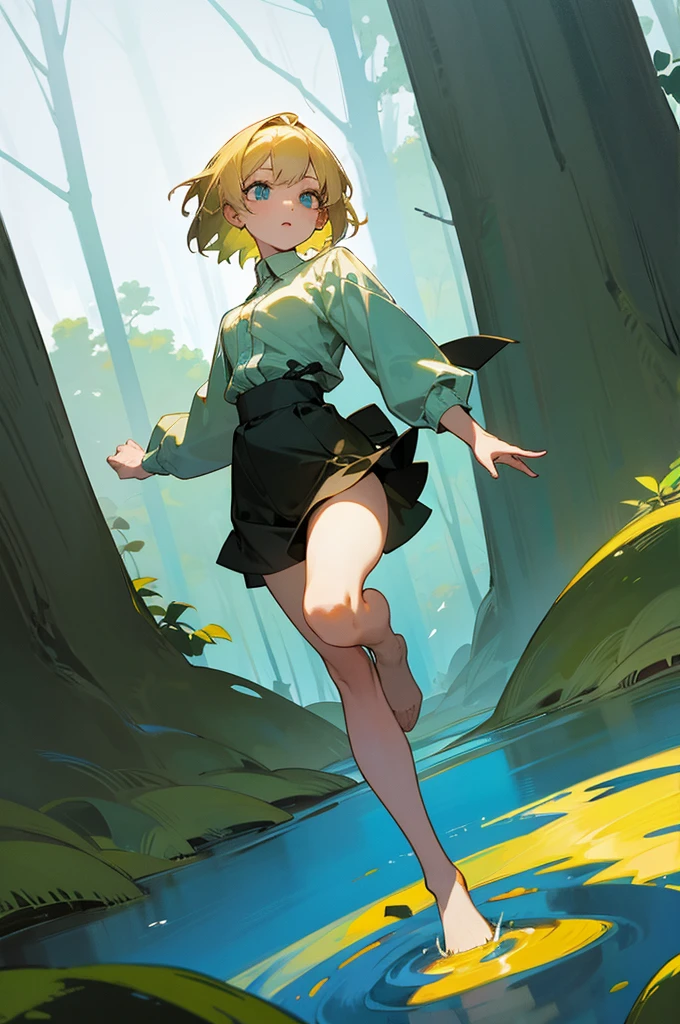 Blonde haired girl with short hair in the forest levitating full body from front with powers