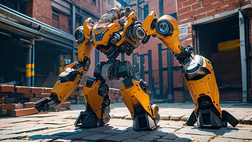 Create an image where a brick wall is being built by a steel-framed humanoid robot alongside humans, the robot should be depicted working as a bricklayer and the entire image should look as real as possible