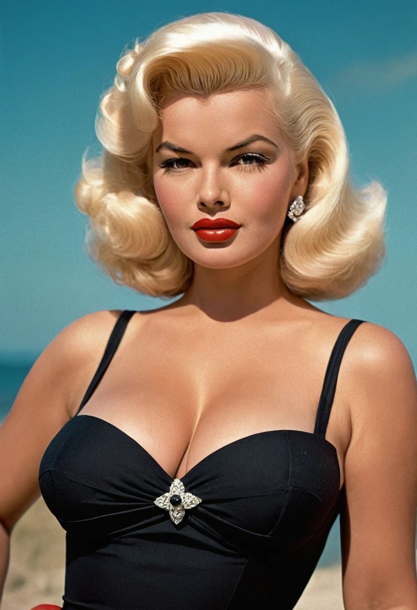 a close up of a woman in a black dress with a big breast, she has the (((Giant naked breasts, big erect nipples)))Well detailed huge tits, Pinup, Pinup Girl, Jayne Mansfield in swimsuit, beautiful lady, Model Pinup, Retro Pinup Model, Pinup Art, Pin - up, pin-up, Pin up, Vintage Pin Up, Very beautiful woman, Pin up girl, Gorgeous woman, very, very beautiful woman, Pinup Pose