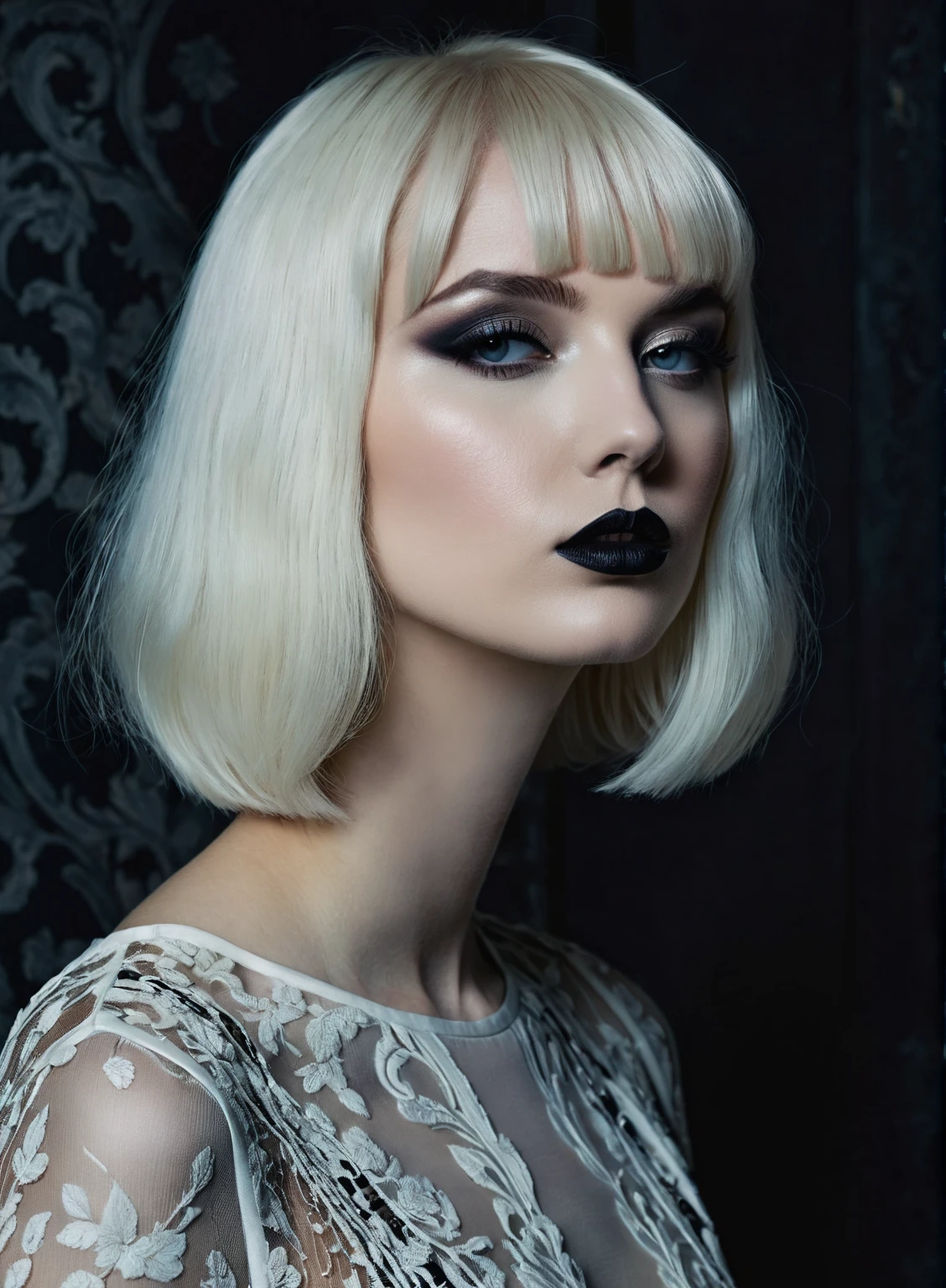((Master piece, very realistic, best quality, highly detailed, Frontal view, DELICATE, PORTRAIT, WOMAN 36yo, AESTHETIC)) shallow depth of field, realism, photography, good proportions, narrow depth of field, tilt shift look, bokeh, anamorphic look, cinematic, dark and moody, ((a pale white complexion MODE with short WHITE color hair and bangs and smokey eye makeup, BLACK lips)), wearing black fashion designed by Rick Owens, a dark photograph by Tim Walker and Tom Hoops and Matt Mahurin, a dark liminal space, a desolate seedy hotel room with peeling wallpaper and black painted walls, symbolism, primordial fluids, uneasy feeling, dark occult imagery, melancholic ((very aesthetic))