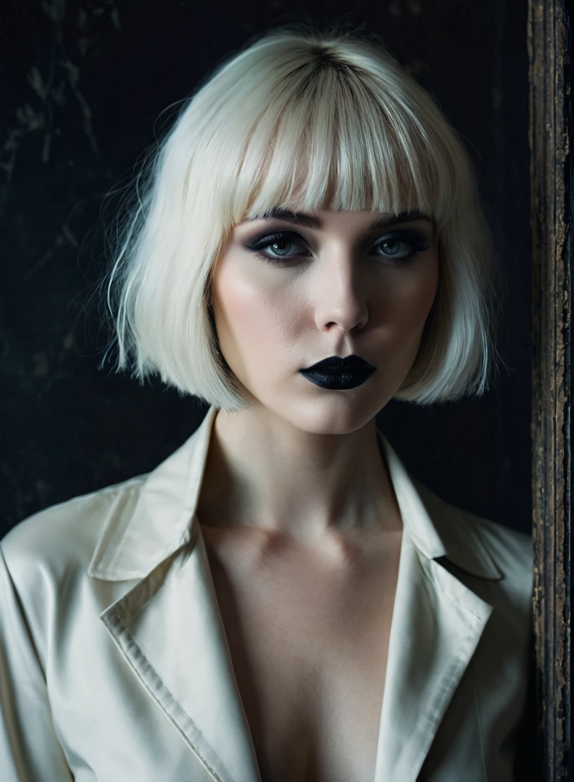 ((Master piece, very realistic, best quality, highly detailed, Frontal view, DELICATE, PORTRAIT, WOMAN 36yo, AESTHETIC)) shallow depth of field, realism, photography, good proportions, narrow depth of field, tilt shift look, bokeh, anamorphic look, cinematic, dark and moody, ((a pale white complexion MODE with short WHITE color hair and bangs and smokey eye makeup, BLACK lips)), wearing black fashion designed by Rick Owens, a dark photograph by Tim Walker and Tom Hoops and Matt Mahurin, a dark liminal space, a desolate seedy hotel room with peeling wallpaper and black painted walls, symbolism, primordial fluids, uneasy feeling, dark occult imagery, melancholic ((very aesthetic))