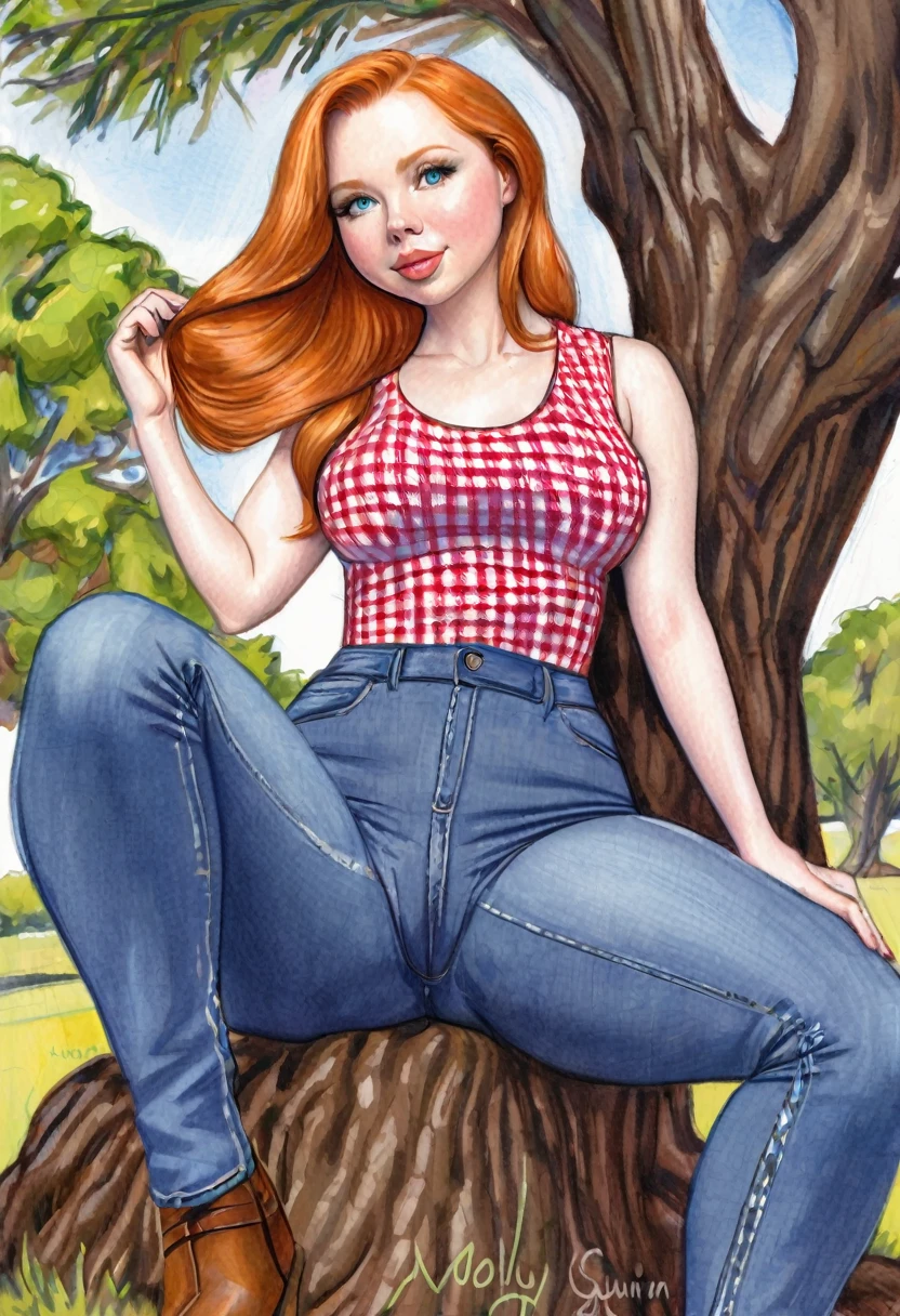 A colored pencil sketch of A beautiful woman, A gingham, skin tight spandex top, large heaving breasts, skin tight highrise jeans. curvy, thin-waist, wide-hips, swaying-hips. mash up of Molly Quinn. She is sitting seductively under a live oak tree.