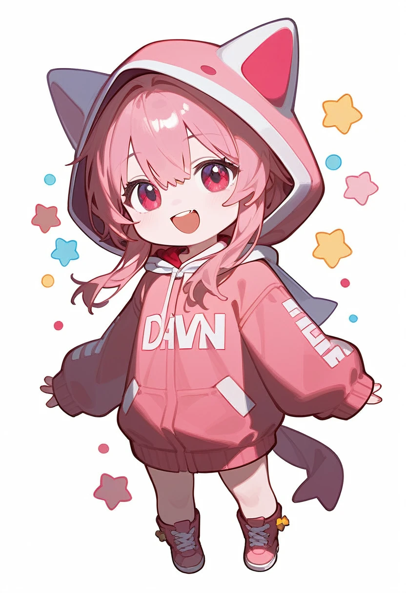 score_9,score_8_superior,score_7_superior,One girl,Pink Hair,alone,hood chibi,bangs,smile,Smiling,Dawn,Point here,standing,full body,posing,Open your mouth,In-person audience,hoodie,Wearing a hood,Long sleeve,Hair between the eyes,Sleeves are longer than your fingers,white background,