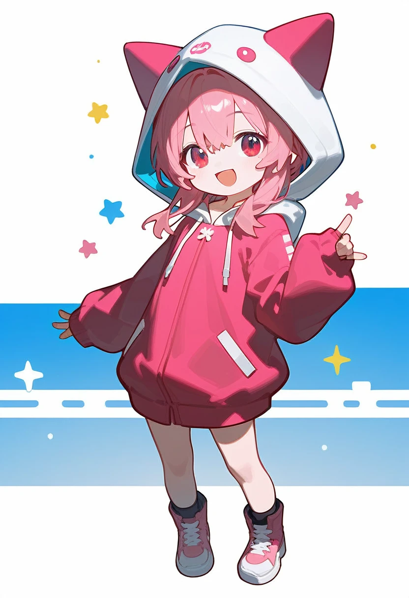 score_9,score_8_superior,score_7_superior,One girl,Pink Hair,alone,hood chibi,bangs,smile,Smiling,Dawn,Point here,standing,full body,posing,Open your mouth,In-person audience,hoodie,Wearing a hood,Long sleeve,Hair between the eyes,Sleeves are longer than your fingers,white background,