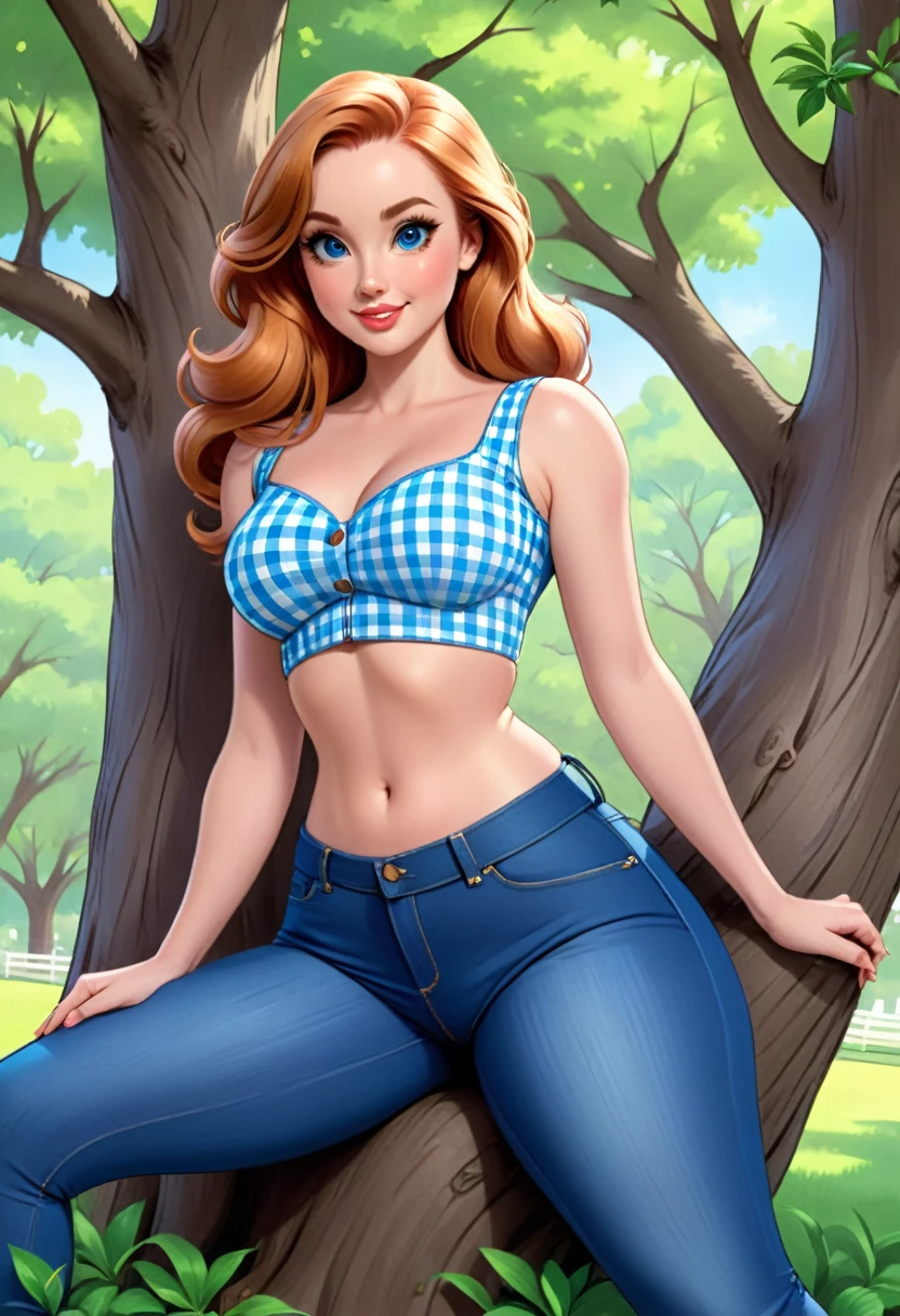 A colored pencil sketch of A beautiful woman, A gingham, skin tight spandex top, large heaving breasts, skin tight highrise jeans. curvy, thin-waist, wide-hips, swaying-hips. mash up of Molly Quinn. She is sitting seductively under a live oak tree.